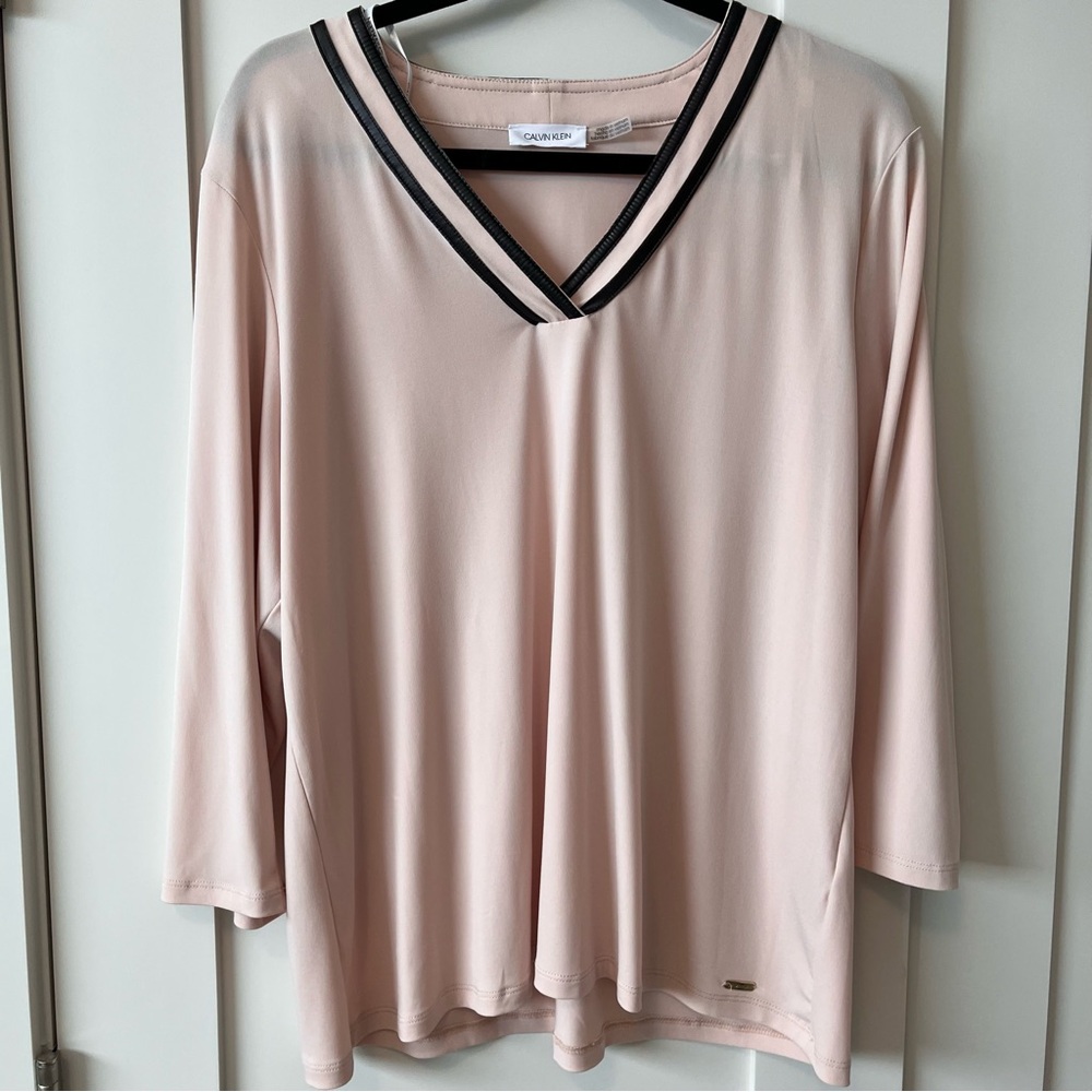 Calvin Klein Blush V-Neck Blouse with Black Trim